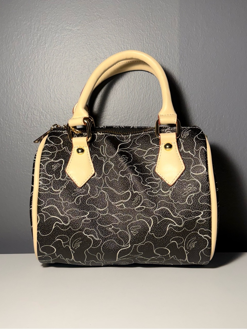 Black and white Pattern Satchel with Cream Handles